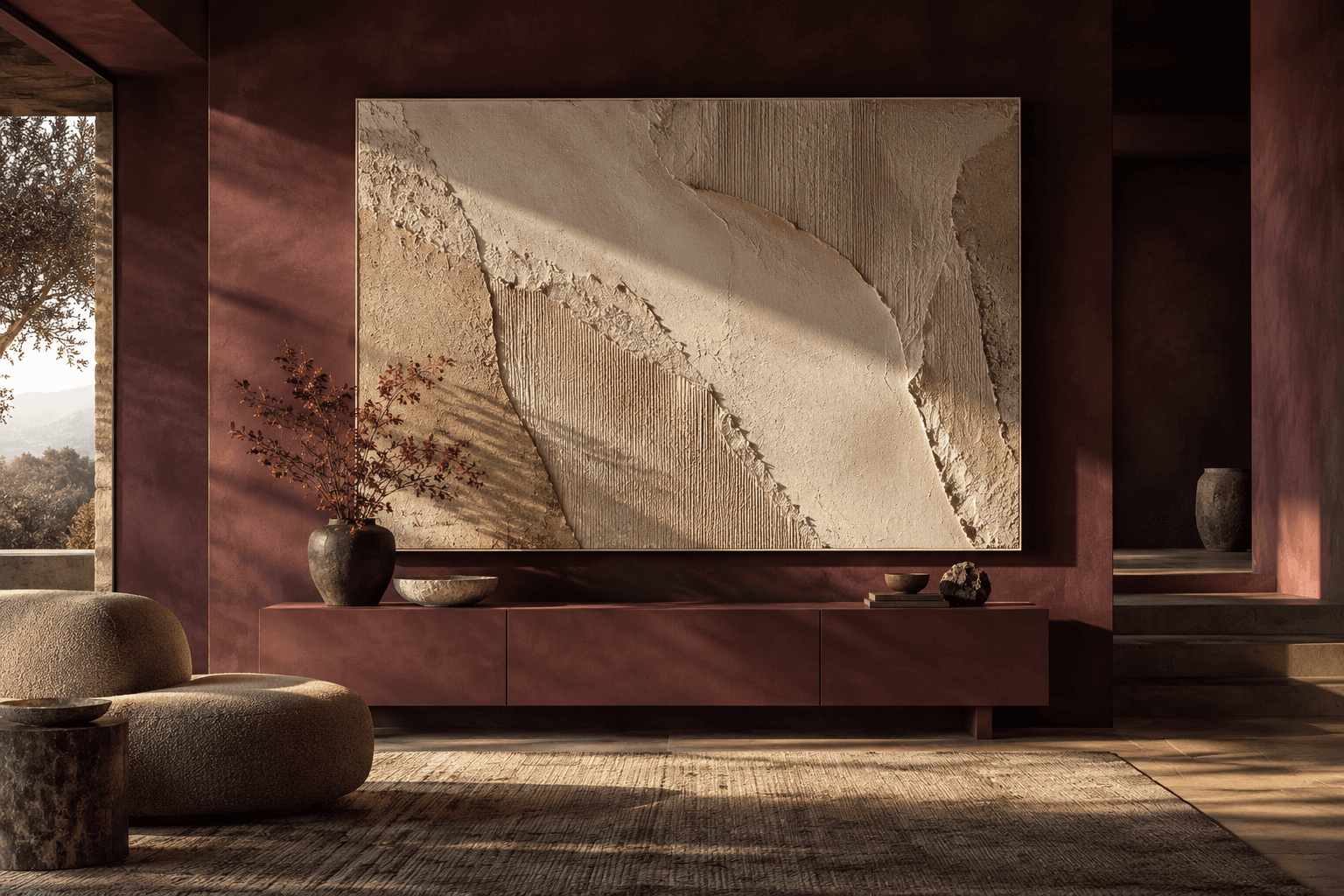 Sculptural ivory wall art in a sunlit room with deep plum walls