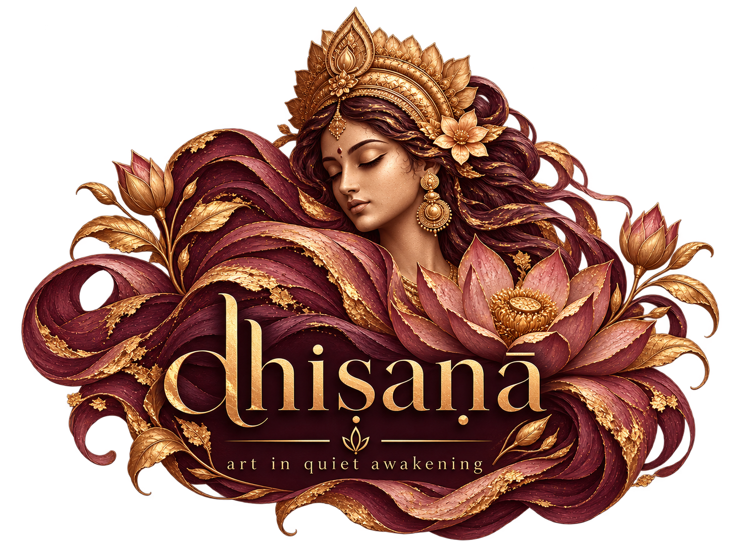 dhisana — art in quiet awakening; feminine figure, lotus forms and the dhisana wordmark
